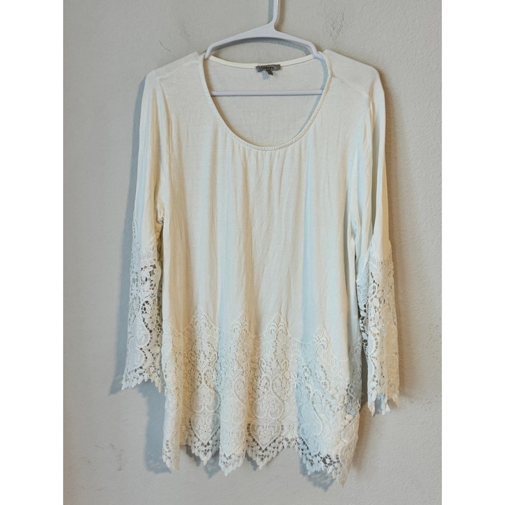 Jodifl Cream Ivory Crochet Lace Bell Sleeve Scoop Neck Top Medium